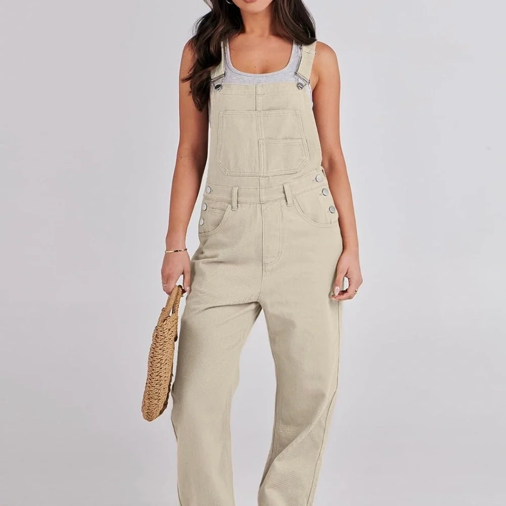 Loose Fit Beige Denim Overalls Jean Jumpsuit Bib Romper Women’s XL - Picture 5 of 14